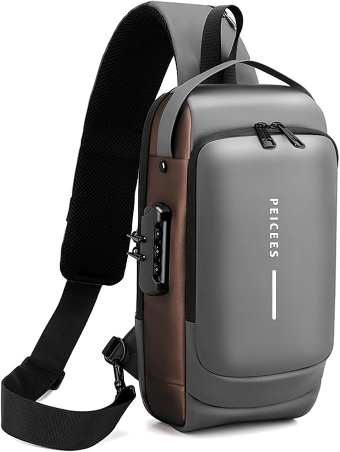 Peicees Mens Crossbody Bag Man Bags Mens Purse Anti-theft Leather Sling Bag Shoulder Bag Chest Bag for Daily Use, Grey Gold