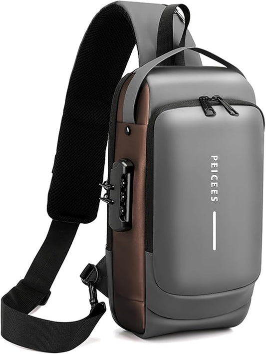 Peicees Mens Crossbody Bag Man Bags Mens Purse Anti-theft Leather Sling Bag Shoulder Bag Chest Bag for Daily Use, Grey Gold