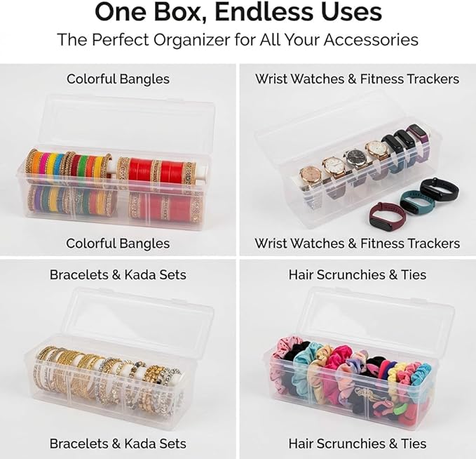 Multipurpose Plastic Storage Box with 1 Adjustable Rods l Storing Box For Bangles, Chuda, Kada, Watches, Scrunchies I (Transparent_1-Rod)