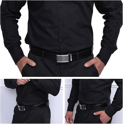 JINIU Men's Ratchet Belt Buckle, Black Genuine Leather Slide Belt for Men Dress Suit, Micro Adjustable Trim to Fit Boxed