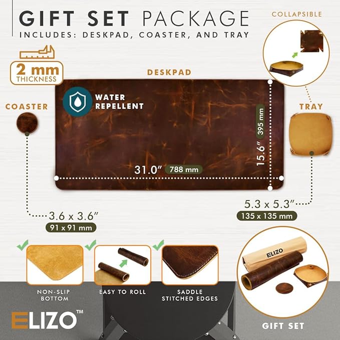 Elizo Real Leather Desk Mat Set (32x16) Large Desk Cover Desk Blotter Protector Computer Gaming Mouse Pad Table Laptop Office Desktop Accessories