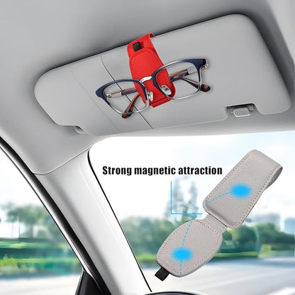 Zpana Sunglasses Holders for Car Sun Visor, Leather Magnetic Vehicle Sun Glasses Ticket Card Hanger Clip, Automotive Interior Eyeglass Mount Accessories, Universal for SUV Sedan Truck (Red)