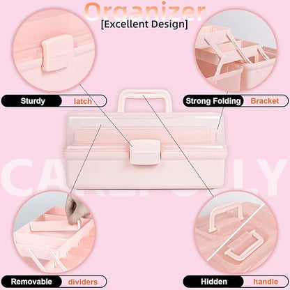 TERGOO 14in 3-Layer Multipurpose Craft Organizers and Storage with Adjustable Dividers, Portable Tackle Box, Folding Art & Craft Case for Medicine, Tool, Sewing Organizer (Pink, X-Large)