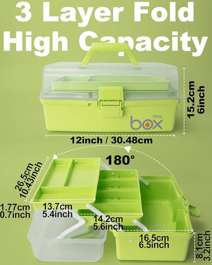 TERGOO 12in 3-Layer Plastic Craft Organizers and Storage, Portable Folding Tackle Box with Handle & Adjustable Dividers, Multipurpose Case for Sewing, Art Supplies, Medicine, Tools (Green)