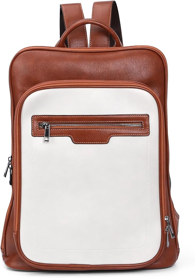 Leather Laptop Backpack, Women and Men Backpack Travel Business Work College Water Resistant Anti Theft Daypack Slim Large fits for 15.6 inch Notebook Computer bag, Off White+ Brown…