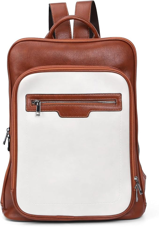 Leather Laptop Backpack, Women and Men Backpack Travel Business Work College Water Resistant Anti Theft Daypack Slim Large fits for 15.6 inch Notebook Computer bag, Off White+ Brown…