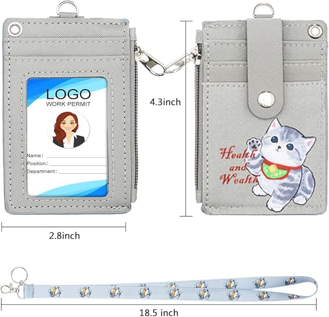 HASFINE ID Badge Holder with Cute Cat Character Design PU Leather ID Card Wallet, 2-Sided 5 Card Slots, Zippered Pocket, Detachable Keychain Lanyard for Teachers, Students, Nurses, Office Staff