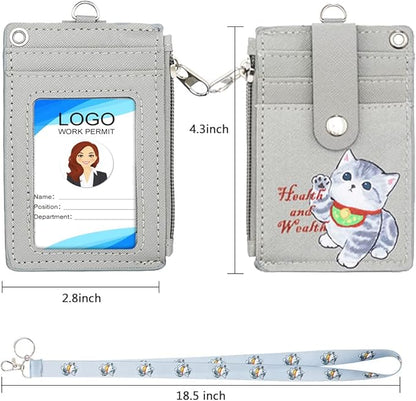 HASFINE ID Badge Holder with Cute Cat Character Design PU Leather ID Card Wallet, 2-Sided 5 Card Slots, Zippered Pocket, Detachable Keychain Lanyard for Teachers, Students, Nurses, Office Staff