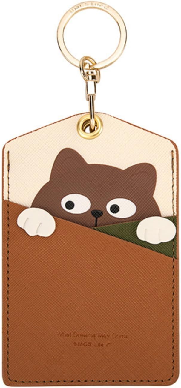 PU Leather ID Badge Holder with Keychain - Cartoon Animal Cute ID Badge Holder, 3 Card Slots for Professionals, Students, Nurse Officer, School Women Girls Boys (Brown)