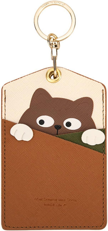 PU Leather ID Badge Holder with Keychain - Cartoon Animal Cute ID Badge Holder, 3 Card Slots for Professionals, Students, Nurse Officer, School Women Girls Boys (Brown)
