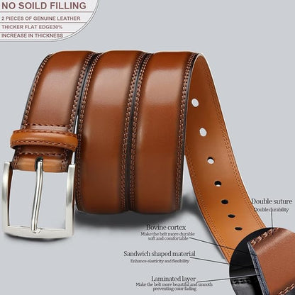 DOOPAI Men's Genuine Leather Dress Belt 2Pack - Handmade Classic Casual and Business Belt, 100% Cow Leather Prong Buckle,