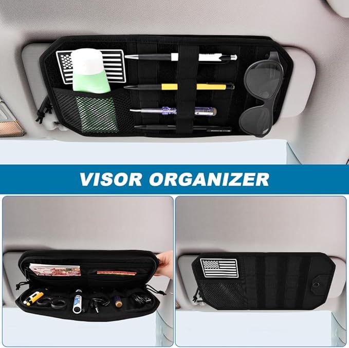Car Sun Visor Organizer with Zipper Storage Pouch & Glasses Clip – Semi-Rigid MOLLE Panel with Patch – Universal Fit for Vehicles, SUVs, Trucks(Black)