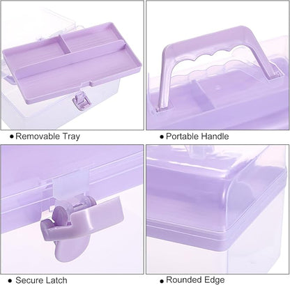BTSKY Multipurpose Plastic Craft Storage Containers with Removable Tray, Clear Plastic Storage Box with Lid & Handle, Easy Carry & Stack Small Storage Container, 8.5x5x4.9 Inch, Rectangle-Purple