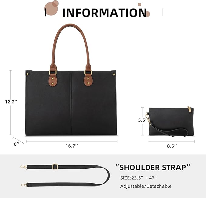 LOVEVOOK Laptop Tote Bag for Women, 15.6 Inch Large Capacity Vintage Leather Work Computer Bag, Business Casual Shoulder Handbag, Black & Brown