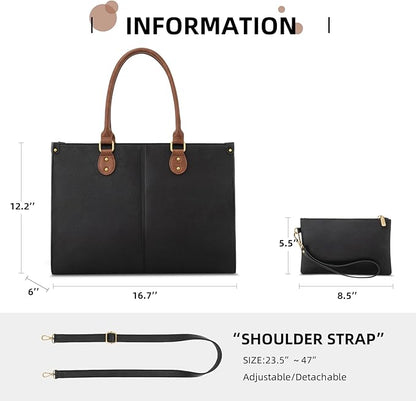 LOVEVOOK Laptop Tote Bag for Women, 15.6 Inch Large Capacity Vintage Leather Work Computer Bag, Business Casual Shoulder Handbag, Black & Brown