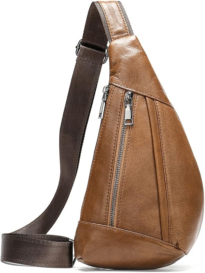 Hebetag Leather Crossbody Sling Bag for Men Women Single Shoulder Chest Pack Backpack Outdoor Travel Camping Casual Daypack Brown