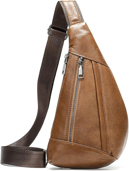 Hebetag Leather Crossbody Sling Bag for Men Women Single Shoulder Chest Pack Backpack Outdoor Travel Camping Casual Daypack Brown