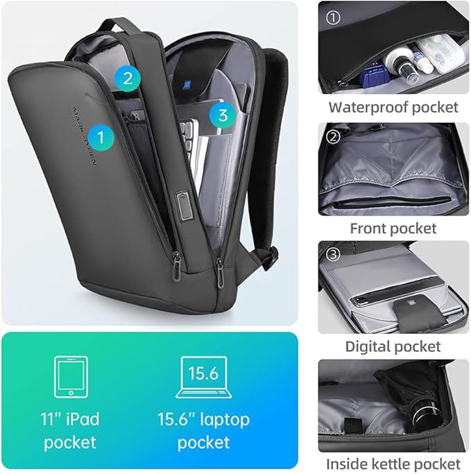 MARK RYDEN Slim Laptop Backpack for Men, High Tech Backpack with Scratch Resistant Shell and USB Charging Port, Waterproof Business Backpack Ideal for Working, Commuting, Daily (20L for 15.6" Laptop)