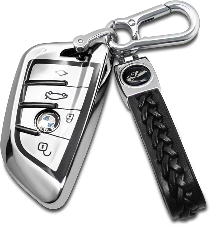Creativity Suitable for BMW key fob Cover. Advanced soft TPU key box is compatible with F30 F45 F55 G20 G30 X1 X3 X4 X5 X6 X7 3 5 7 8 M5 M6 GT series smart key (Type B Silver Key Case + key chain set)