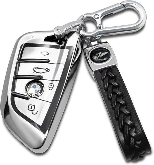 Creativity Suitable for BMW key fob Cover. Advanced soft TPU key box is compatible with F30 F45 F55 G20 G30 X1 X3 X4 X5 X6 X7 3 5 7 8 M5 M6 GT series smart key (Type B Silver Key Case + key chain set)