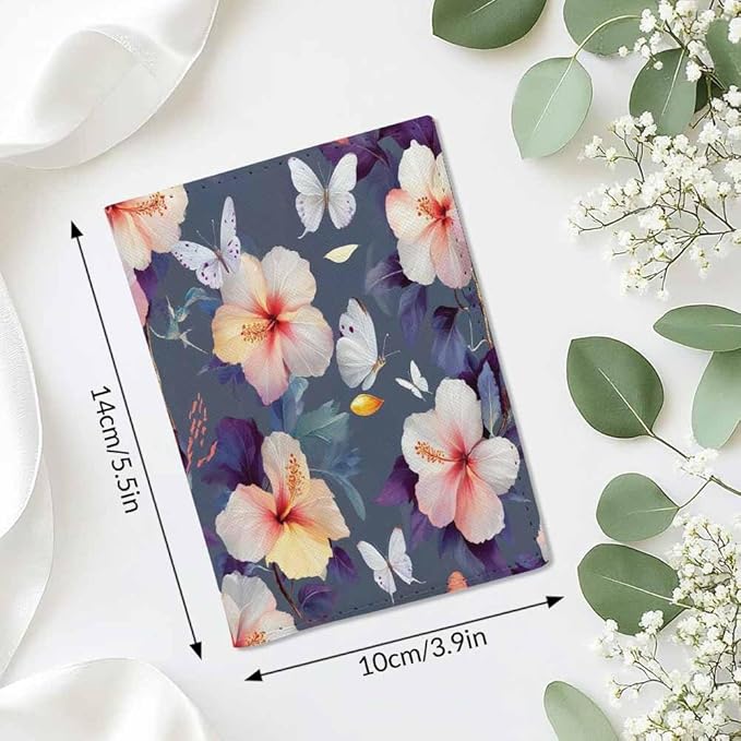 Art Floral Passport Holder for Travel White Flowers and Butterflies Blue PU Leather Passport Cover Wallet Cute Passport Card Holder for Women and Men