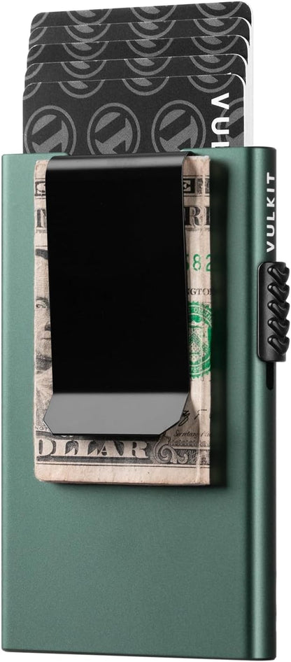 VULKIT Minimalist Wallet with Money Clip RFID Protection Pop Up Card Holder Slim Wallet Credit Card Holder Metal Wallet, Midnight Green