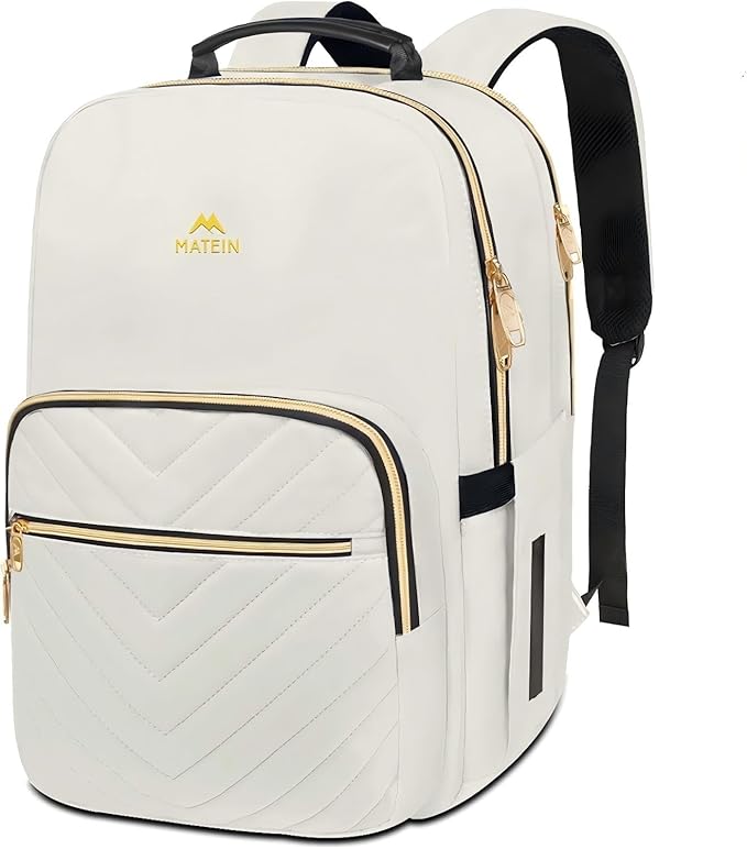 MATEIN Travel Laptop Backpack, Anti Theft Quilted Slim Backpacks for Women with Detachable Keychain Hook, Teacher Doctor Nurse Carry on Bags Purse Fits 15.6 Inch Notebook, White