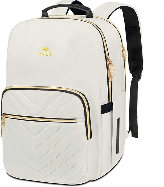 MATEIN Travel Laptop Backpack, Anti Theft Quilted Slim Backpacks for Women with Detachable Keychain Hook, Teacher Doctor Nurse Carry on Bags Purse Fits 15.6 Inch Notebook, White
