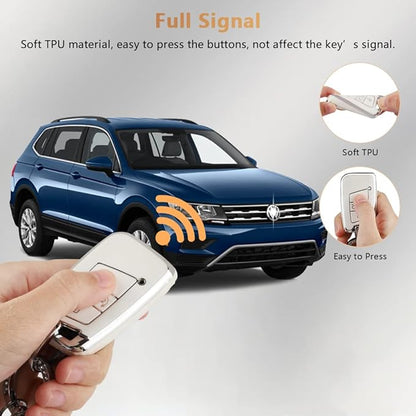 PIFOOG Key Fob Cover for VW Soft TPU 4 Button Keys Case Shell Protector Glitter Keychain Car Accessories for Volkswagen Jetta Tiguan Atlas Arteon Taos Girly Cute White Gold