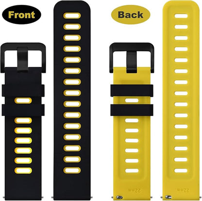 WOCCI 22mm Bicolor Watch Band, Silicone Rubber, Quick Release Replacement Strap for Men and Women, Black Stainless Steel Buckle (Black-Yellow)