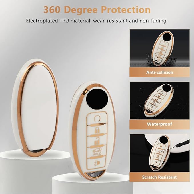 PIFOOG Accessories for Nissan Key Cover TPU Car Keys Shell Chain Waterproof Fit Altima Sentra Rogue Pathfinder Murano Armada Maxima Versa Remote Key White Girly