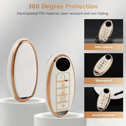 PIFOOG Accessories for Nissan Key Cover TPU Car Keys Shell Chain Waterproof Fit Altima Sentra Rogue Pathfinder Murano Armada Maxima Versa Remote Key White Girly
