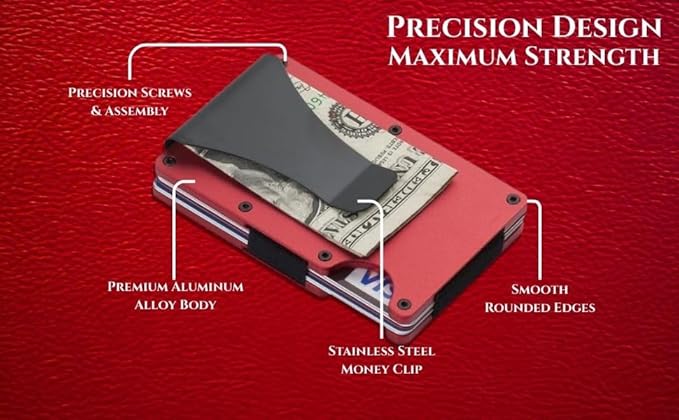 Leatherboss Wallet for Men RFID Blocking Minimalist Metal Card Holder with Money Clip Holds Credit Cards and Cash (Ruby Red)