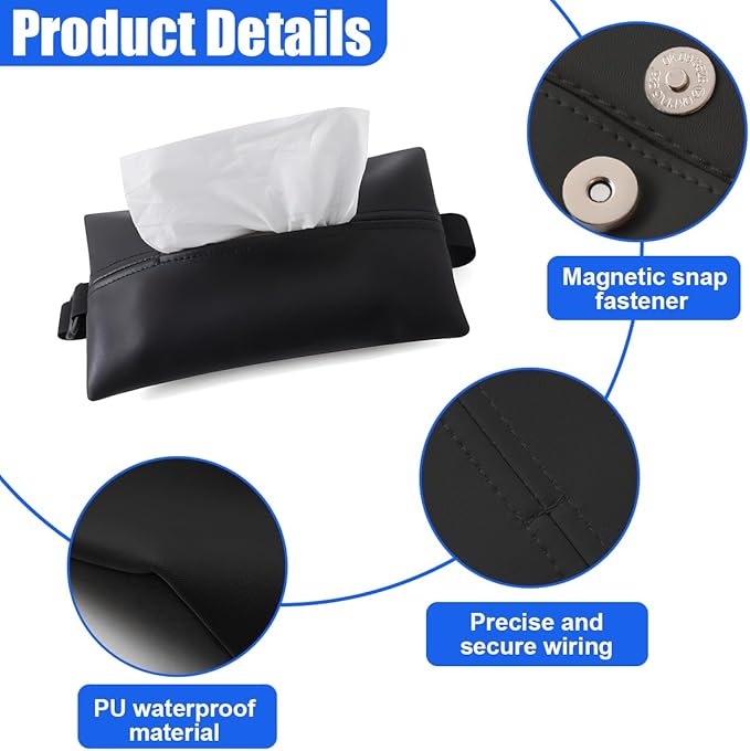 YoRise Car Tissue Holder, PU Leather Car Napkin Holder with Adjustable Strap, Center Console Tissues Box Cover, Sun Visor Organizer Keep Auto Tidy, Vehicle Headrest Storage Accessories (Black)