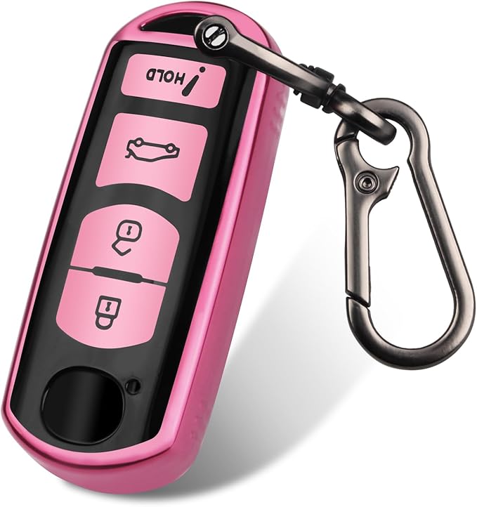 FT FUNTOR for Mazda Car Key Cover,4 Pink Buttons TPU Key Cover with Keychain,Compatible with Mazda 3 6 8 CX-3 CX-5 CX-7 CX-9 atenza Miata MX-5 (C-Pink)