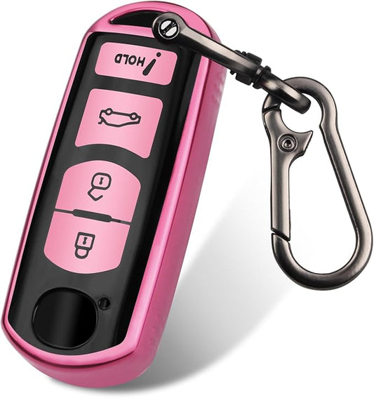 FT FUNTOR for Mazda Car Key Cover,4 Pink Buttons TPU Key Cover with Keychain,Compatible with Mazda 3 6 8 CX-3 CX-5 CX-7 CX-9 atenza Miata MX-5 (C-Pink)