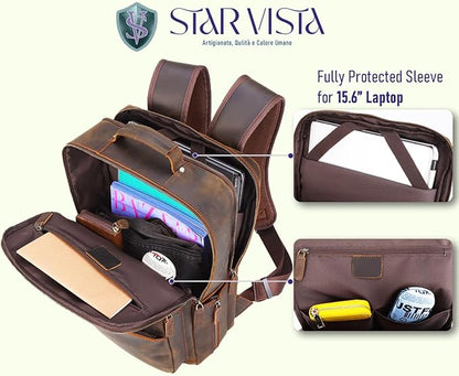 STAR VISTA 15.6" Trajan Vintage Full Grain Leather Laptop Backpack for Men, Multi Pockets, Casual Outdoor Business Travel Rucksack, YKK Zippers, Dark Brown
