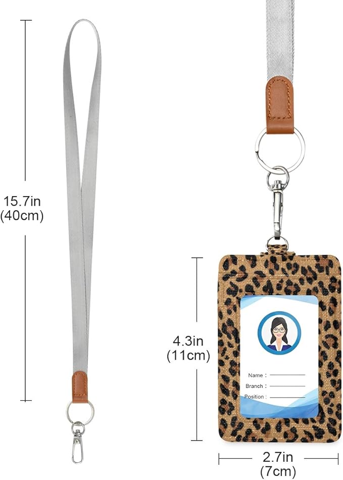 Moudou Leopard ID Badge Holder with Lanyard, Vertical Leather ID Badge Card Holder for Office Staff, School Teacher and Student