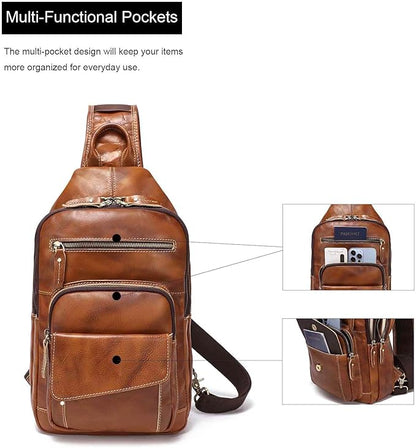 LANNSYNE Full Grain Leather Casual Sling Bag For Men Hiking/Travel/Business Crossbody Chest Bag Fits 12.9" iPad