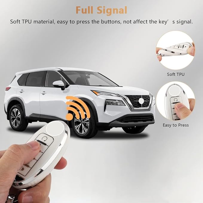 PIFOOG Car Key Cover for Nissan 5 Buttons Keys Fob Case TPU Bling Keychain for Nissan Altima Sentra Rogue Pathfinder Murano Armada Maxima Versa Girly Women White Silver