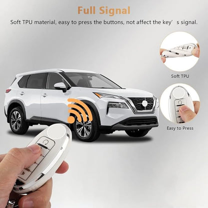 PIFOOG Car Key Cover for Nissan 5 Buttons Keys Fob Case TPU Bling Keychain for Nissan Altima Sentra Rogue Pathfinder Murano Armada Maxima Versa Girly Women White Silver