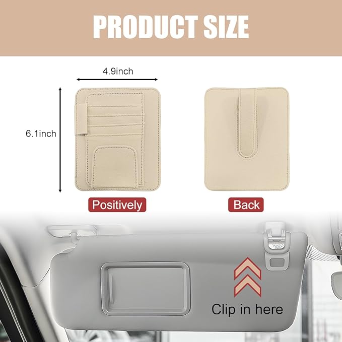 Augeny 2 PCS Car Sun Visor Organizer, Small Auto Visor Organizer and Storage, Registration and Document Holder for Sunglasses, Card, Pen, Driver License, Car Accessories (Beige)