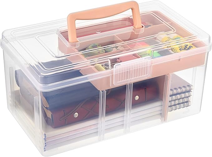 BTSKY 2 Layer Clear Plastic Dividing Storage Box with Removable Tray Multipurpose Stationery Storage Box with Handle Portable Sewing Boxes Art Craft Supply Organizer Home Utility Box(Big Pink)