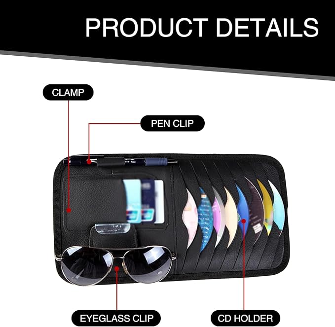 1 PC Car Sun Visor CD Storage Bag, Multi-pocket Leather Layered Organizer, Multi-functional Storage Folder for CDs Sunglasses Cards Pens, Universal Interior Accessories for Cars (Black)