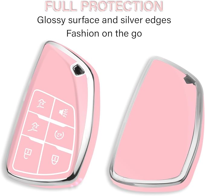 QBUC for Chevy Key Fob Cover with Keychain Soft TPU Protection Case Compatible with 2021-2026 Chevy Tahoe Suburban GMC Yukon Denali Silverado 6-Buttons(Chrome Trim Pink)