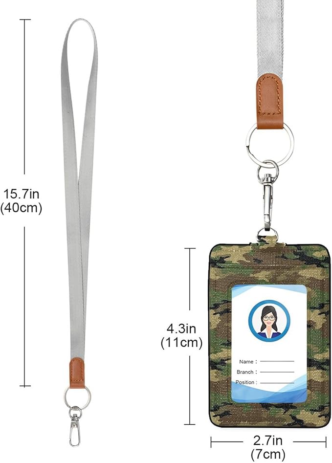 Badge Holder, Army Camouflage PU Leather School College Business ID Badge Card Holder Wallet Case with 1 Clear Window, 2 Credit Card Slots and Detachable Neck Lanyard - Vertical