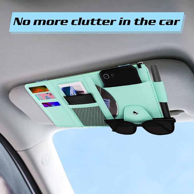 Car Sun Visor Organizer, Leather Pocket Organizer Sunglass Holder for Car Interior Accessories with Multi-Pocket Net Zipper (Blue)