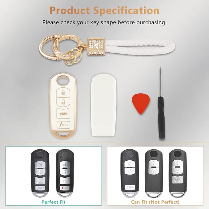 PIFOOG for Mazda Key Fob Cover 6 3 CX5 CX9 CX-3 MX5 Mitia Accessories Girly Women Soft TPU Car Keys Shell Case 4 Buttons Full Covers Protection Glitter Keychain White Gold Cute