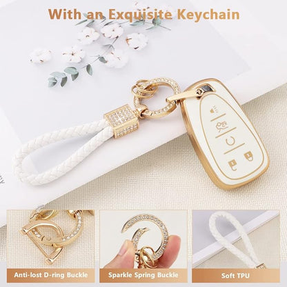 PIFOOG Key Fob Case for Chevy TPU 5 Button Keys Cover Shell Glittering Car Keychain for Malibu Equinox Trax Camaro Blazer Traverse Trailblazer Spark Girly Cute White Gold