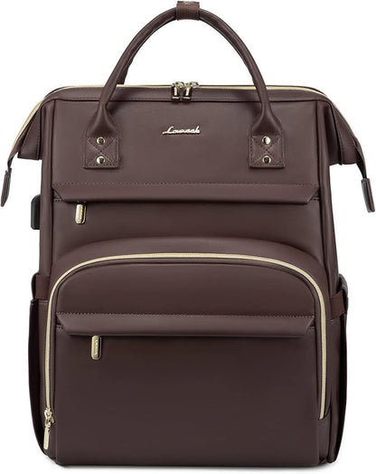 LOVEVOOK Leather Laptop Backpack for Women 17 inch, Travel Backpack Purse Nurse Teacher Computer Laptop Bag, Professional College Business Work Bags Carry On with USB Port, Coffee